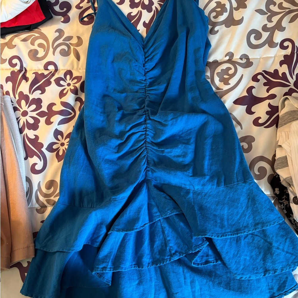 Blue Women's Ruffled V-Neck Dress